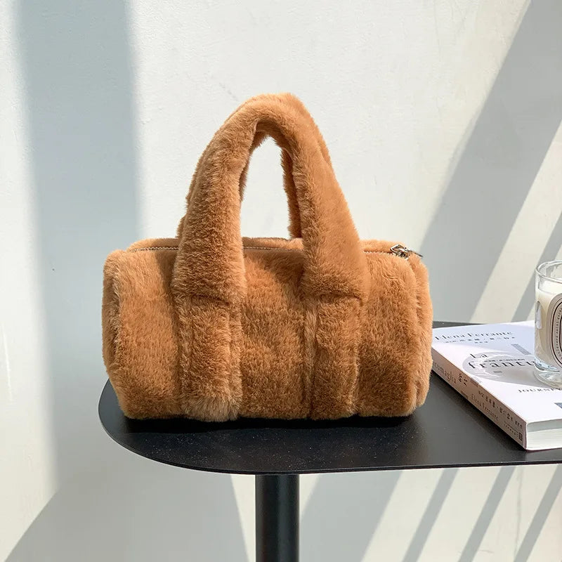 Korean Cute All-match Furry Bag 2024 New Autumn Winter Cylinder Handbag Large Capacity Casual Commuter Versatile Purses Clutch