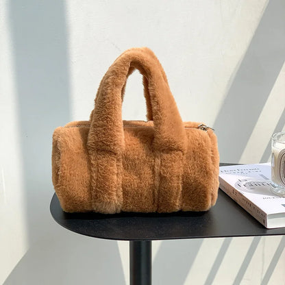 Korean Cute All-match Furry Bag 2024 New Autumn Winter Cylinder Handbag Large Capacity Casual Commuter Versatile Purses Clutch
