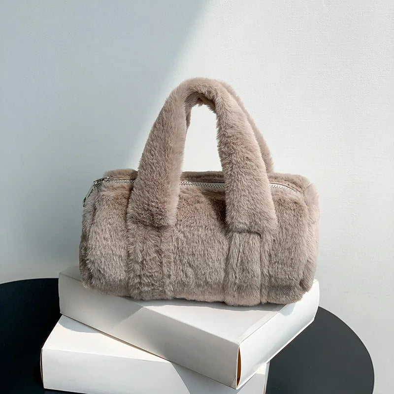 Korean Cute All-match Furry Bag 2024 New Autumn Winter Cylinder Handbag Large Capacity Casual Commuter Versatile Purses Clutch