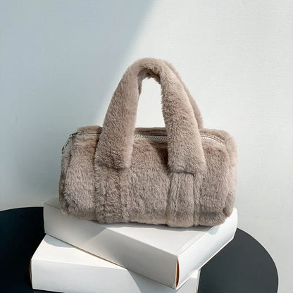 Korean Cute All-match Furry Bag 2024 New Autumn Winter Cylinder Handbag Large Capacity Casual Commuter Versatile Purses Clutch