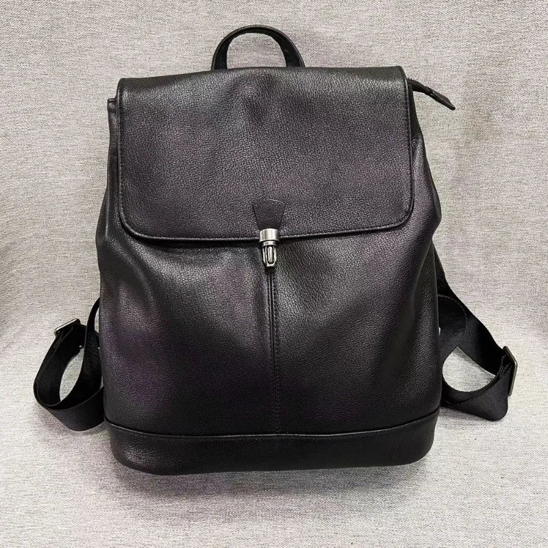 Korean Fashion Anti-theft Buckle Backpacksoft Cowhide Large Capacity Travel Shoulders Bag Simple All-match Solid Casual Bolsas