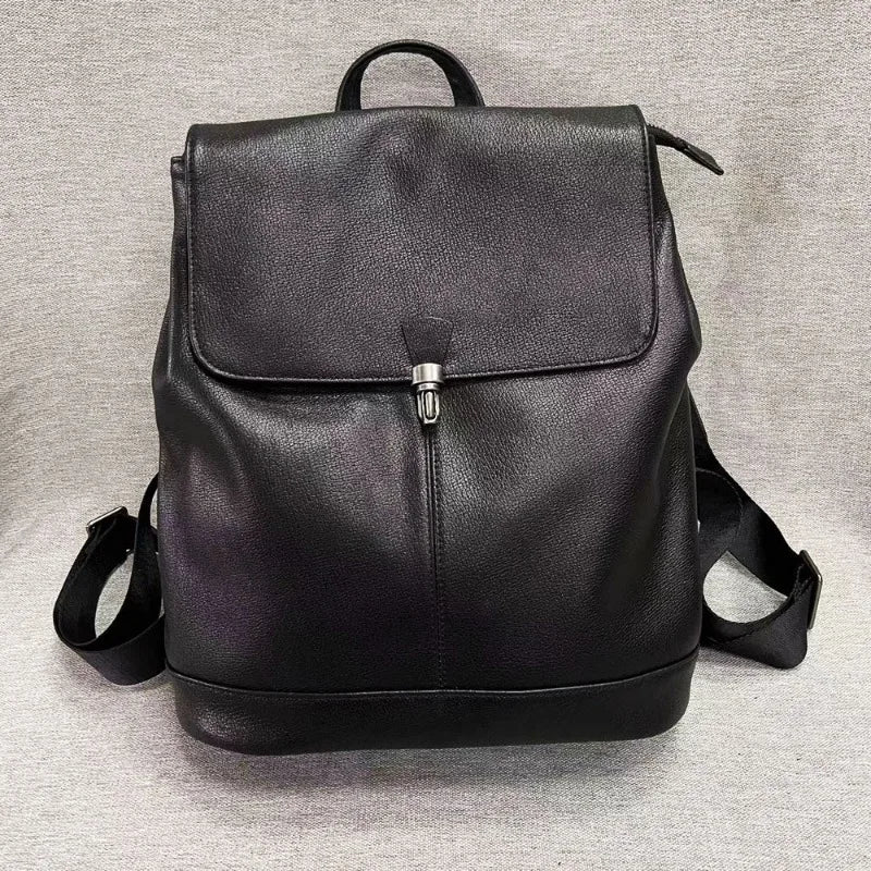 Korean Fashion Anti-theft Buckle Backpacksoft Cowhide Large Capacity Travel Shoulders Bag Simple All-match Solid Casual Bolsas
