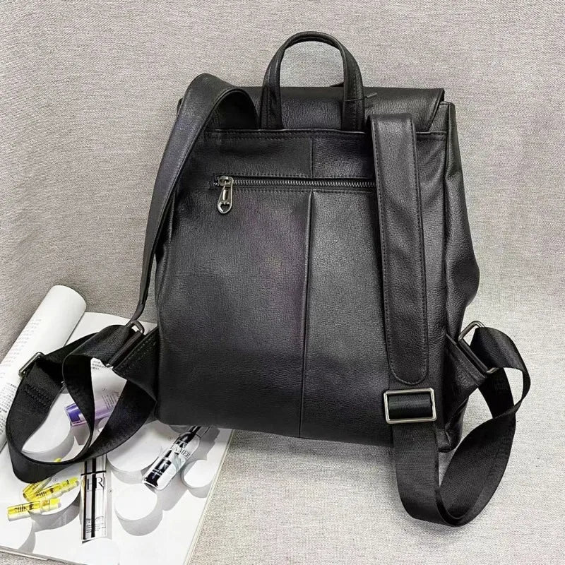 Korean Fashion Anti-theft Buckle Backpacksoft Cowhide Large Capacity Travel Shoulders Bag Simple All-match Solid Casual Bolsas