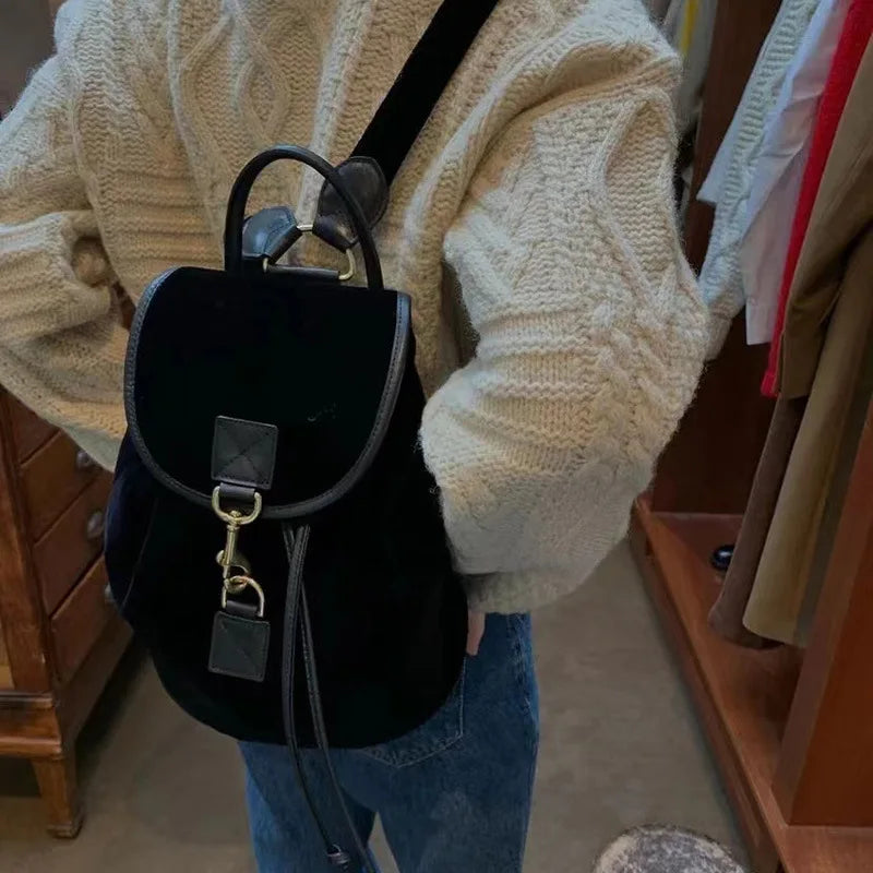 Korean Fashion Casual Black Schoolbag Vintage Velvet Solid Trend Shoulder Bags 2024 Versatile Large Capacity Ladies Handbags