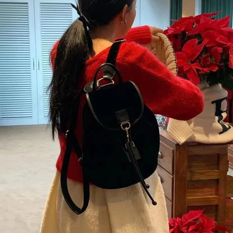 Korean Fashion Casual Black Schoolbag Vintage Velvet Solid Trend Shoulder Bags 2024 Versatile Large Capacity Ladies Handbags