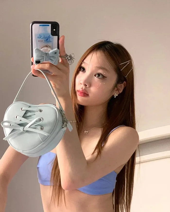 Korean Fresh Sweet Bow Love Heart Handbags Female Large Capacity Versatile Crossbody Shoulder Bags Y2k Aesthetic Purses Clutch