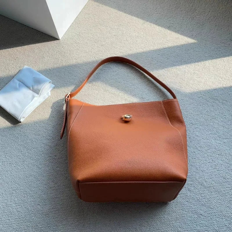 Korean Minority Designer Luxury Cowhide Handbags Large Capacity Single Shoulder Bucket Bag Casual Commuter All-match Tote Purses