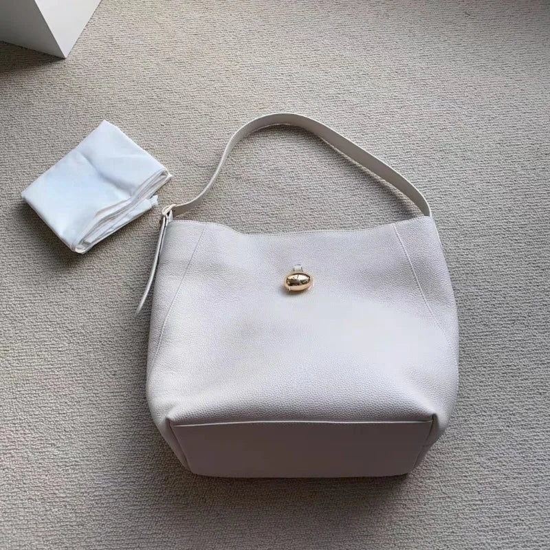 Korean Minority Designer Luxury Cowhide Handbags Large Capacity Single Shoulder Bucket Bag Casual Commuter All-match Tote Purses