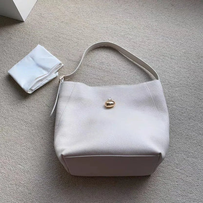 Korean Minority Designer Luxury Cowhide Handbags Large Capacity Single Shoulder Bucket Bag Casual Commuter All-match Tote Purses