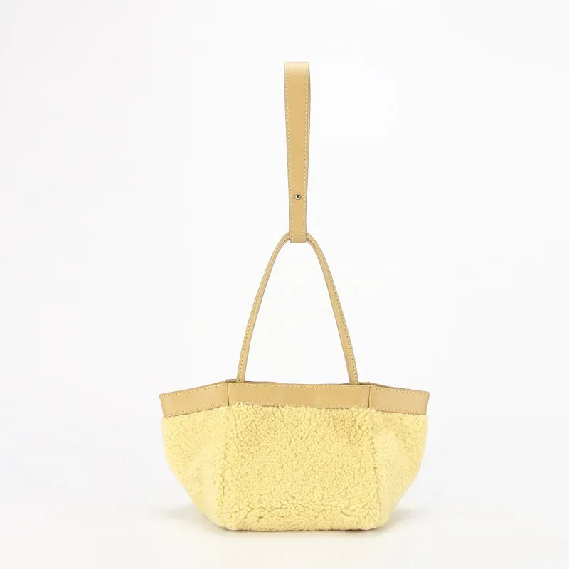 Korean Minority Plush Lamb Wool Bucket Bag Autumn Winter Fashion Portable Shoulder Bags Simple Casual Large Capacity Purses