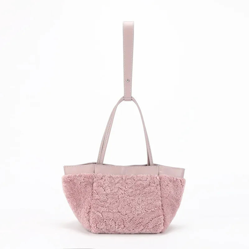 Korean Minority Plush Lamb Wool Bucket Bag Autumn Winter Fashion Portable Shoulder Bags Simple Casual Large Capacity Purses