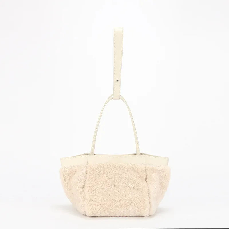 Korean Minority Plush Lamb Wool Bucket Bag Autumn Winter Fashion Portable Shoulder Bags Simple Casual Large Capacity Purses