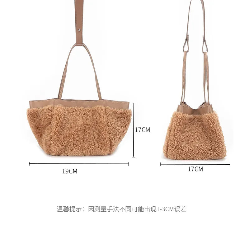 Korean Minority Plush Lamb Wool Bucket Bag Autumn Winter Fashion Portable Shoulder Bags Simple Casual Large Capacity Purses