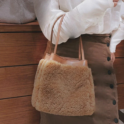 Korean Minority Plush Lamb Wool Bucket Bag Autumn Winter Fashion Portable Shoulder Bags Simple Casual Large Capacity Purses