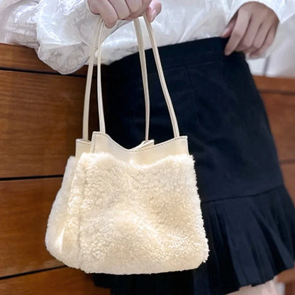 Korean Minority Plush Lamb Wool Bucket Bag Autumn Winter Fashion Portable Shoulder Bags Simple Casual Large Capacity Purses