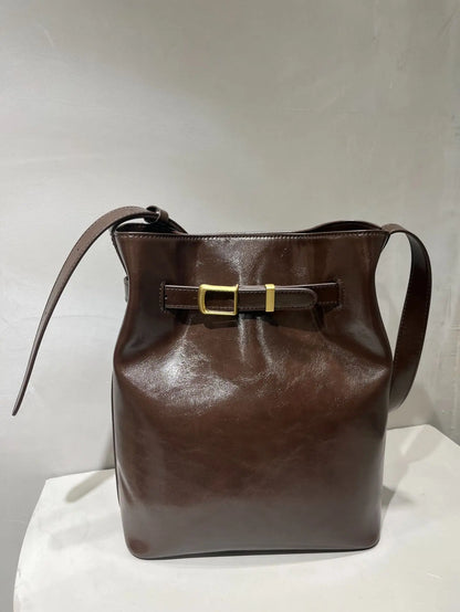 Korean New Fashion Oil Wax Leather Cowhide Shoulder Bag Large Capacity Crossbody Bucket Bag Commuter Lady Purses Luxury Handbags