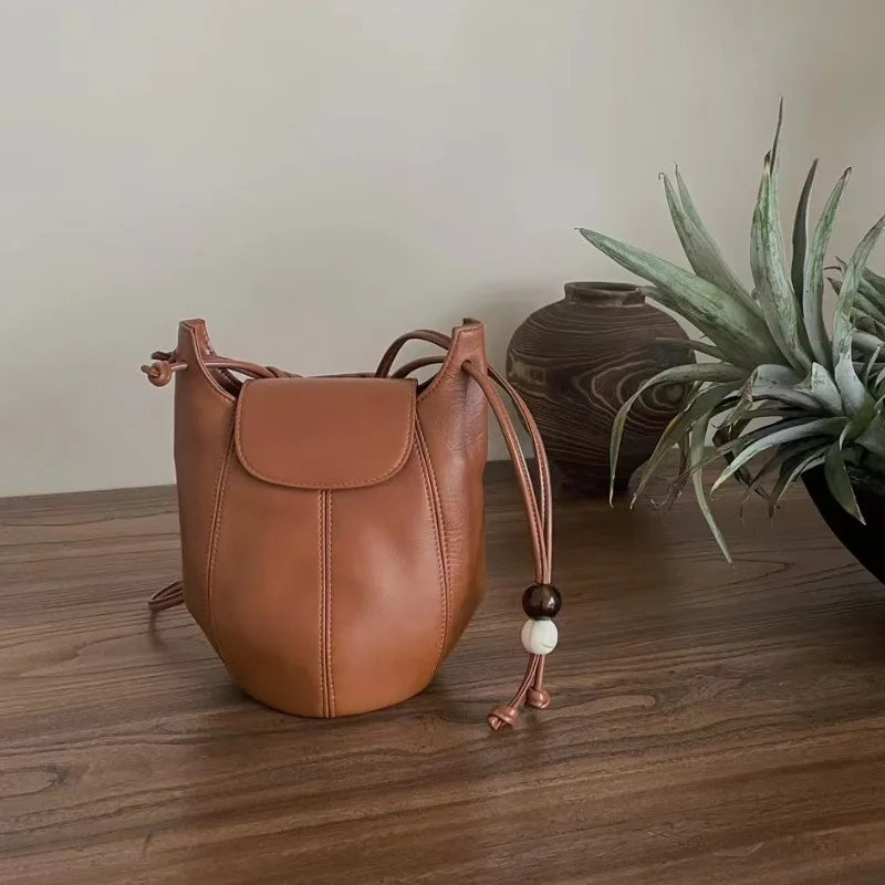 Korean Niche Cowhide Bucket Bag Fashion All-match Large Capacity One Shoulder Crossbody Bag 2024 New Luxury Bolsas Mujer