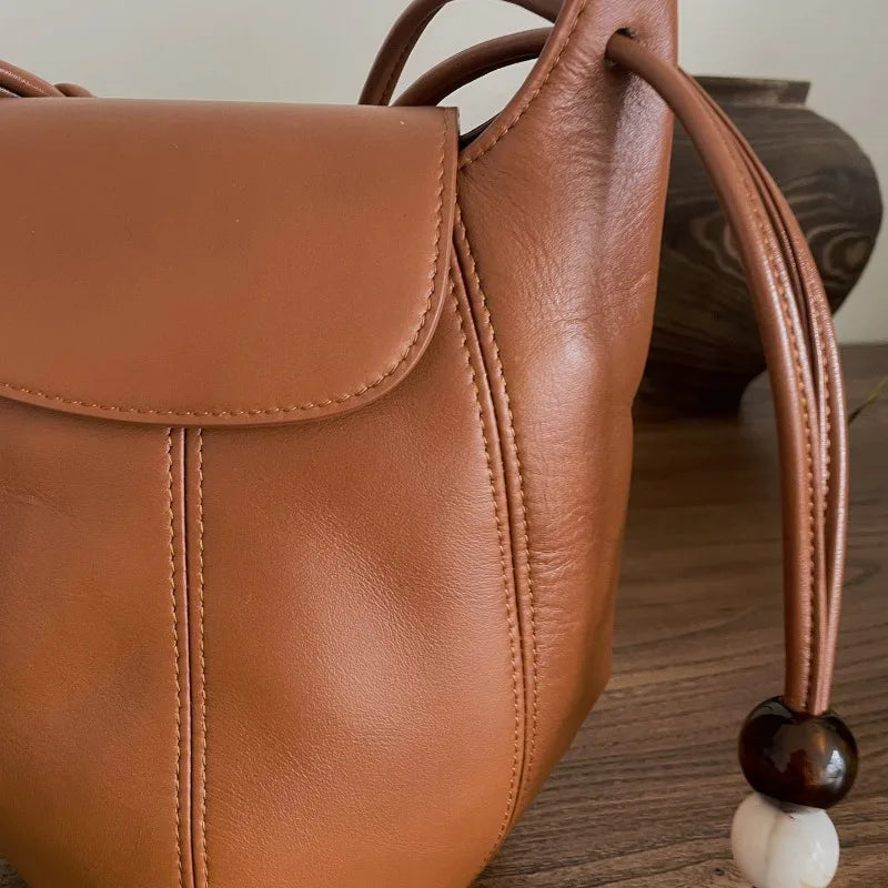 Korean Niche Cowhide Bucket Bag Fashion All-match Large Capacity One Shoulder Crossbody Bag 2024 New Luxury Bolsas Mujer