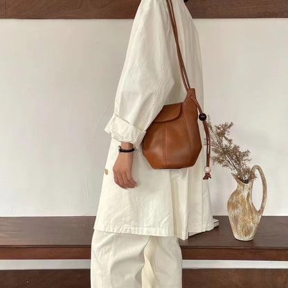 Korean Niche Cowhide Bucket Bag Fashion All-match Large Capacity One Shoulder Crossbody Bag 2024 New Luxury Bolsas Mujer