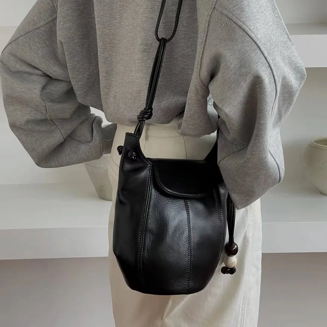 Korean Niche Cowhide Bucket Bag Fashion All-match Large Capacity One Shoulder Crossbody Bag 2024 New Luxury Bolsas Mujer