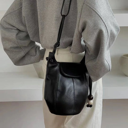 Korean Niche Cowhide Bucket Bag Fashion All-match Large Capacity One Shoulder Crossbody Bag 2024 New Luxury Bolsas Mujer