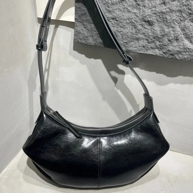 Korean Niche Designer Cowhide Underarm Bag Solid All-match Zipper Hobos Women Commuter All-match Elegant Bolsas Mujer Chic Purse