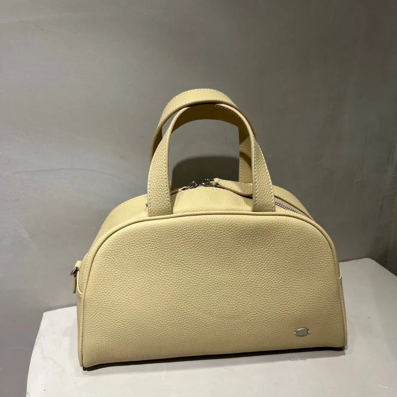 Korean Niche Simple Design Cowhide Boston Bag Large Capacity Zipper Handbags Solid Luxury Genuine Leather Hobos Female Purses