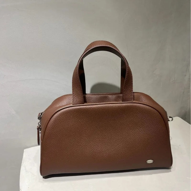 Korean Niche Simple Design Cowhide Boston Bag Large Capacity Zipper Handbags Solid Luxury Genuine Leather Hobos Female Purses
