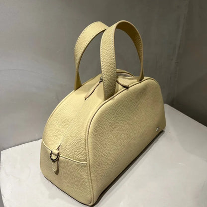 Korean Niche Simple Design Cowhide Boston Bag Large Capacity Zipper Handbags Solid Luxury Genuine Leather Hobos Female Purses