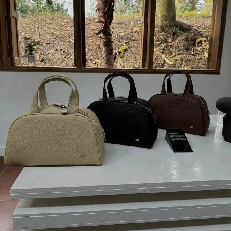 Korean Niche Simple Design Cowhide Boston Bag Large Capacity Zipper Handbags Solid Luxury Genuine Leather Hobos Female Purses