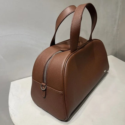 Korean Niche Simple Design Cowhide Boston Bag Large Capacity Zipper Handbags Solid Luxury Genuine Leather Hobos Female Purses