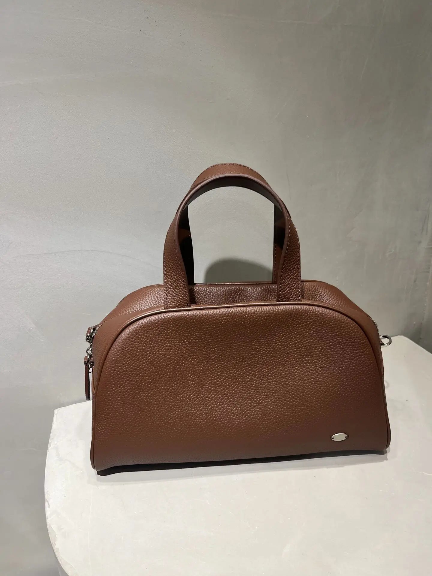 Korean Niche Simple Design Cowhide Boston Bag Large Capacity Zipper Handbags Solid Luxury Genuine Leather Hobos Female Purses