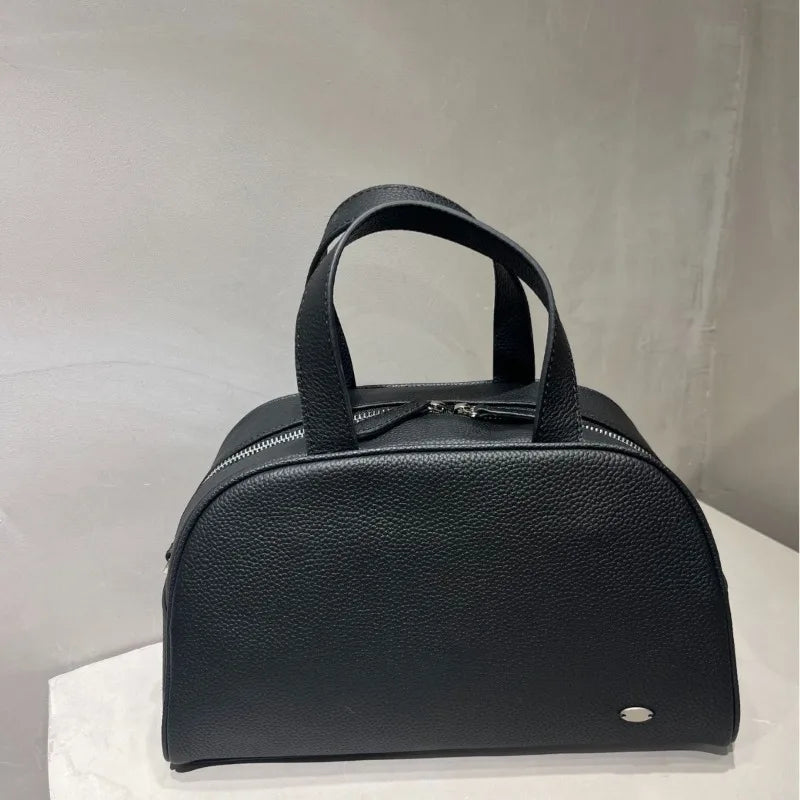 Korean Niche Simple Design Cowhide Boston Bag Large Capacity Zipper Handbags Solid Luxury Genuine Leather Hobos Female Purses