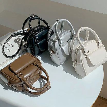 Korean Niche Vintage Boston Bag Mini Portable Smalll Square Bag Solid All-match Casual Commuter Purseslarge Capacity PU Pouch