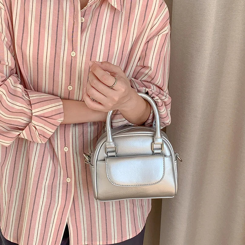 Korean Niche Vintage Boston Bag Mini Portable Smalll Square Bag Solid All-match Casual Commuter Purseslarge Capacity PU Pouch