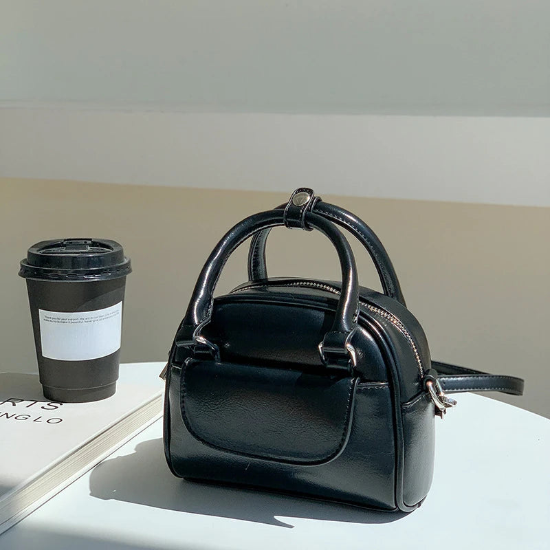 Korean Niche Vintage Boston Bag Mini Portable Smalll Square Bag Solid All-match Casual Commuter Purseslarge Capacity PU Pouch