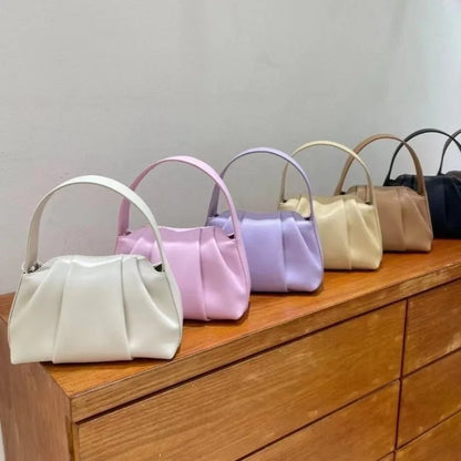 Korean Solid Niche Pleated Cloud Bag Spring Summer 2024 New Large Capacity Handbags Female Luxury Genuine Leather Bolsas Mujer