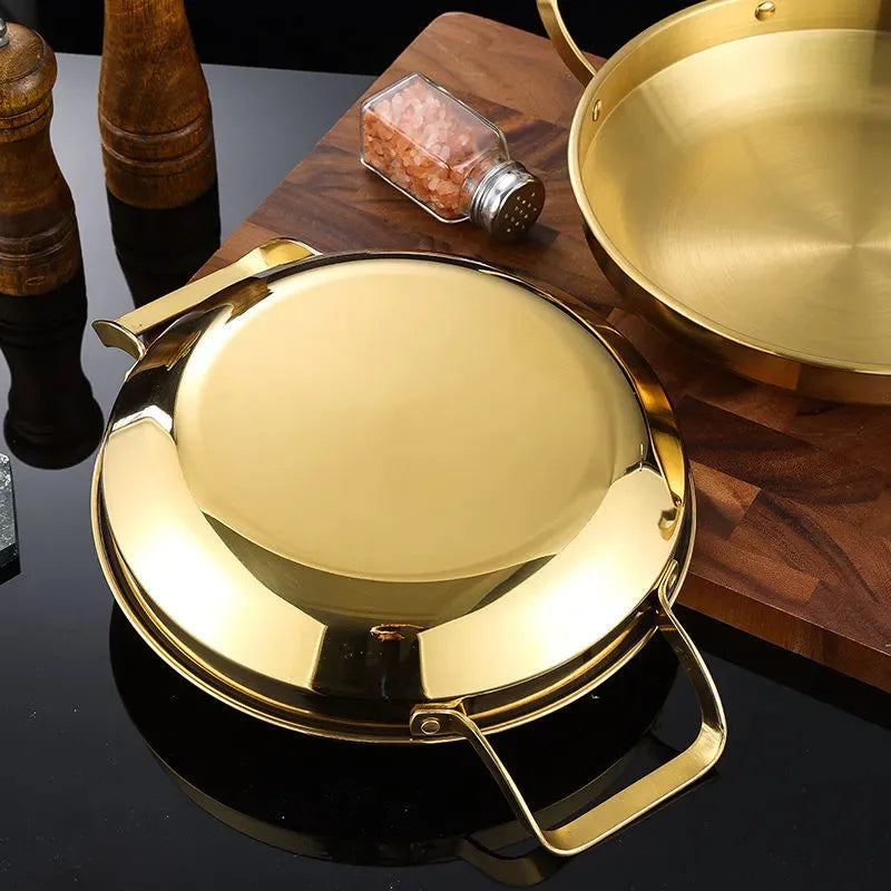 Korean Stainless Steel Shallow Saucepan with Double Ear Seafood Cooking Dry Pots Paella Frying Pan Kitchen Cookware Utensils