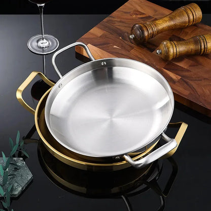 Korean Stainless Steel Shallow Saucepan with Double Ear Seafood Cooking Dry Pots Paella Frying Pan Kitchen Cookware Utensils