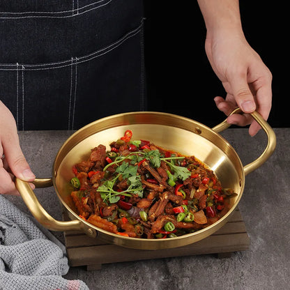 Korean Stainless Steel Shallow Saucepan with Double Ear Seafood Cooking Dry Pots Paella Frying Pan Kitchen Cookware Utensils