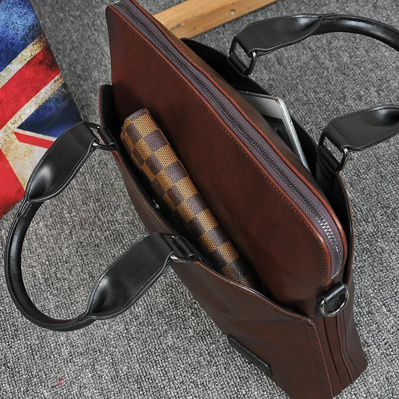 Korean Style Business Men's Briefcase Crazy Horse Leather Handbag Portable Laptop Casual Shoulder Crossbody Bag For Male