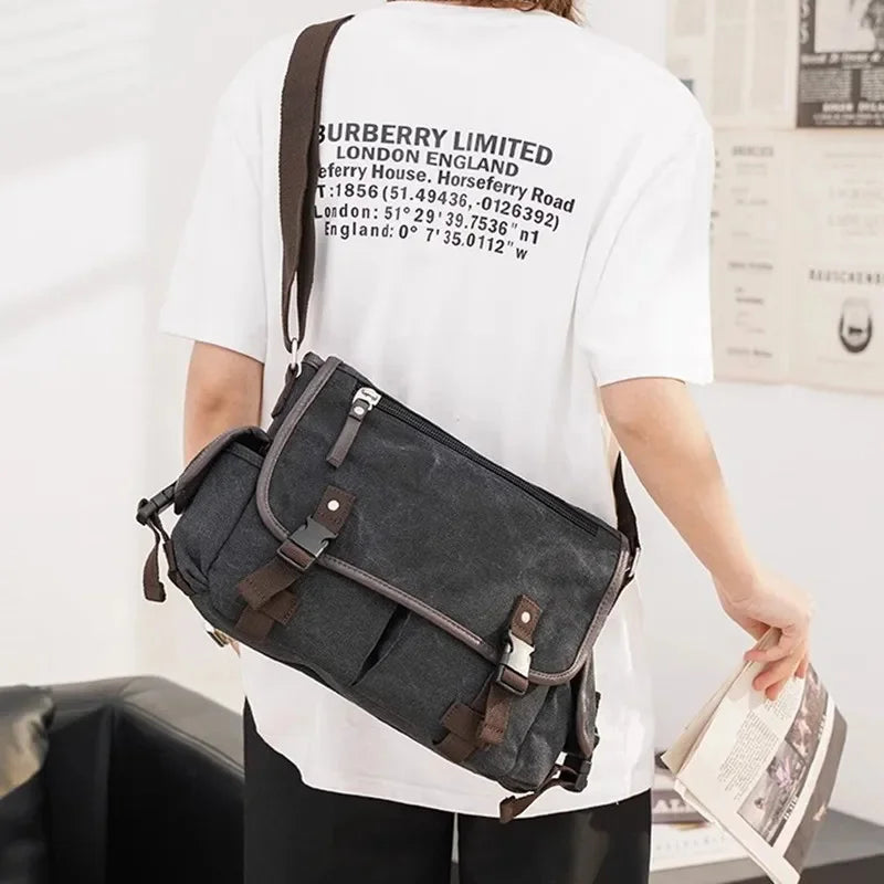 Korean Style Canvas Men's Shoulder Casual Messenger Large Capacity Student Crossbody Bag Fashion Male Briefcase