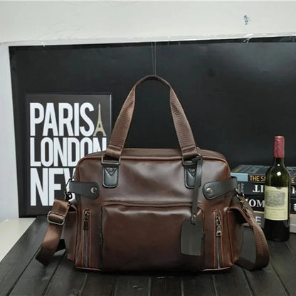 Korean Style Retro Men's Documents Handbag Large Capacity Computer Laptop Male PU Leather Briefcase Daily Shoulder Bag