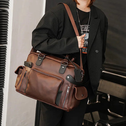 Korean Style Retro Men's Documents Handbag Large Capacity Computer Laptop Male PU Leather Briefcase Daily Shoulder Bag