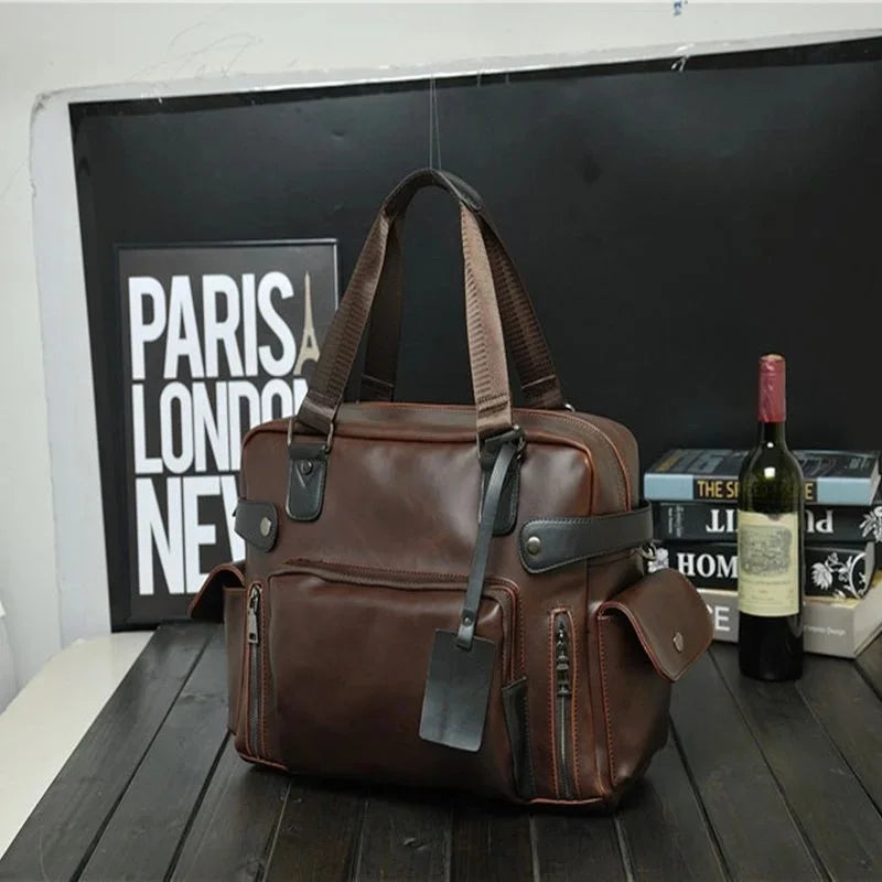 Korean Style Retro Men's Documents Handbag Large Capacity Computer Laptop Male PU Leather Briefcase Daily Shoulder Bag