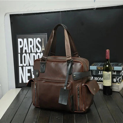 Korean Style Retro Men's Documents Handbag Large Capacity Computer Laptop Male PU Leather Briefcase Daily Shoulder Bag