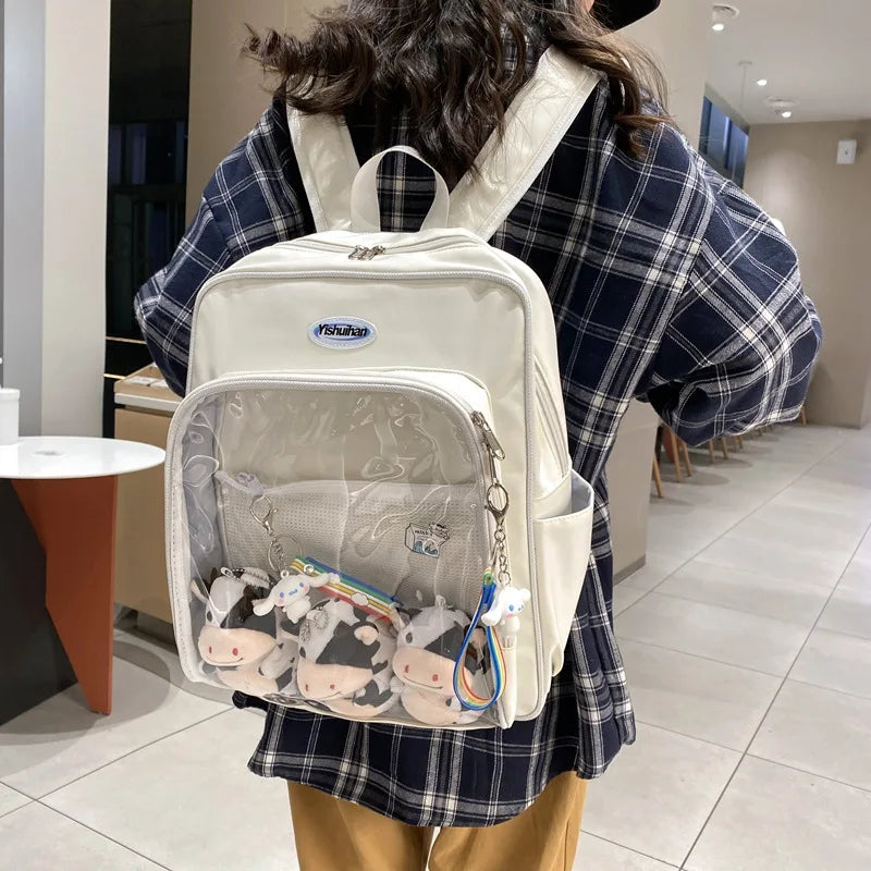 Korean Style Women Girl Backpacks Students School Waterproof Transparent Multiple Pockets Cute ItBags Laptop Bags