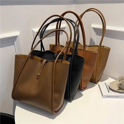 Korean Version Solid Color 2024 New Women's Bag Simple Portable Tote Bag Large Capacity Shoulder Bag Luxury Designer Handbag