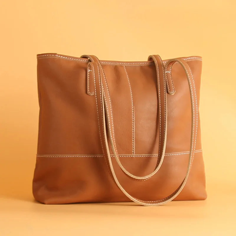 Korean Women's Genuine Leather Shoulder Bag Large Capacity Simple Tote Solid All-match Casual Handbags Practical Travel Bag