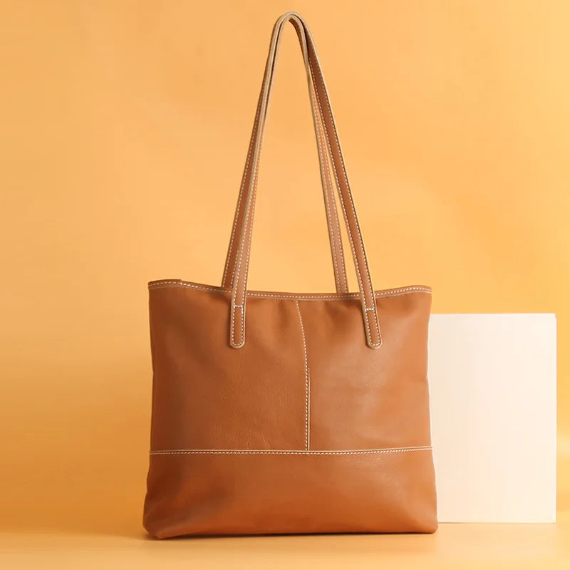 Korean Women's Genuine Leather Shoulder Bag Large Capacity Simple Tote Solid All-match Casual Handbags Practical Travel Bag
